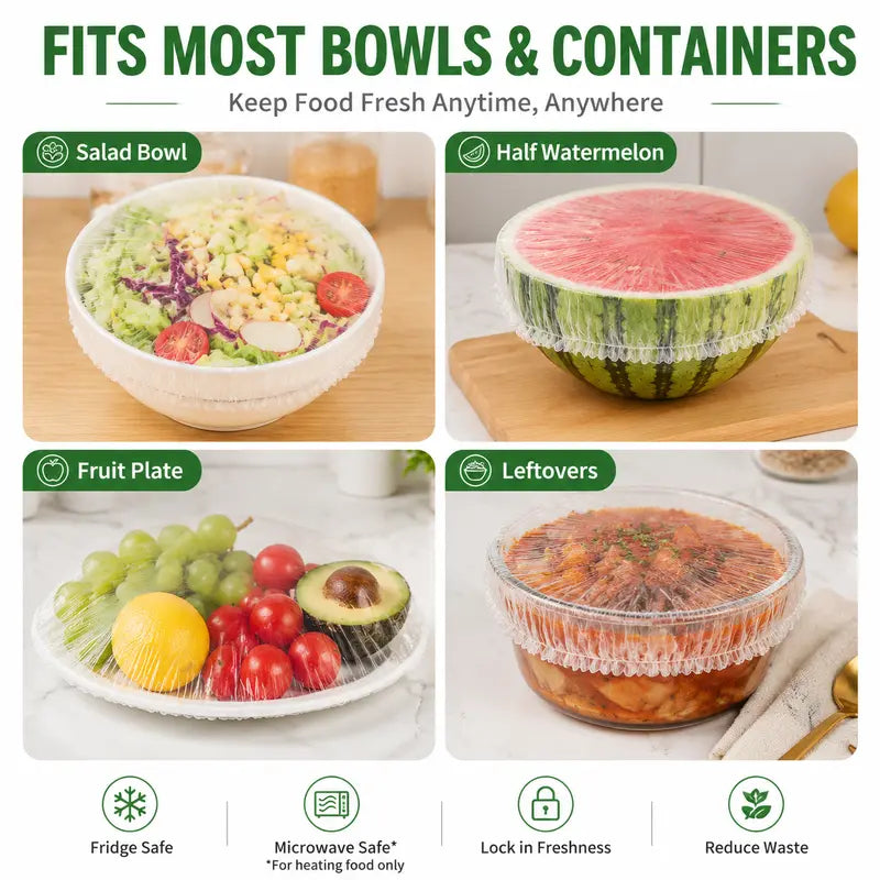 Multipurpose 200PCS Elastic Food Covers, Disposable Stretch Plastic Wrap Alternative for Bowls & Plates, Also Use as Shower Caps, Shoe Covers & Dustproof Hair Caps for Kitchen & Home