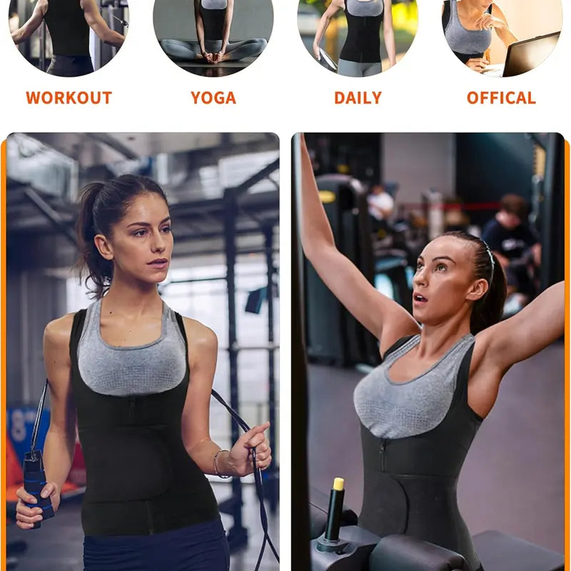 Outdoorfun Women's Waist Trainer Corset Vest – Adjustable Elastic Spandex Sauna Tank Top with Zipper, Compression Workout Activewear for Gym, Fajas Para Mujer